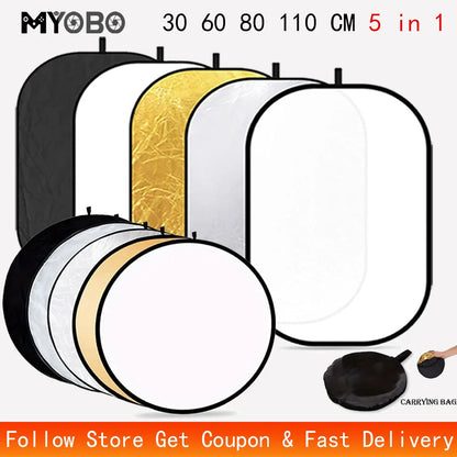 MYOBO 5 in 1 Photography Reflector Board - 30 60 80 110 90*120 60*90 cm Multi Color Fold Photo Studio Light Reflectors Diffuser