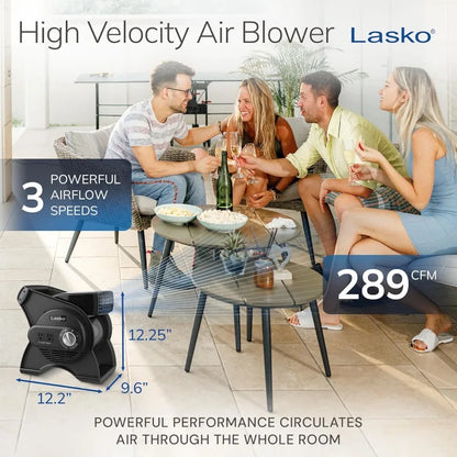 Portable Utility Fan, 12” 289 CFM Pivoting High Velocity Air Mover Blower Fan, 3 Speeds, 2 Accessory Outlets 120V, Black