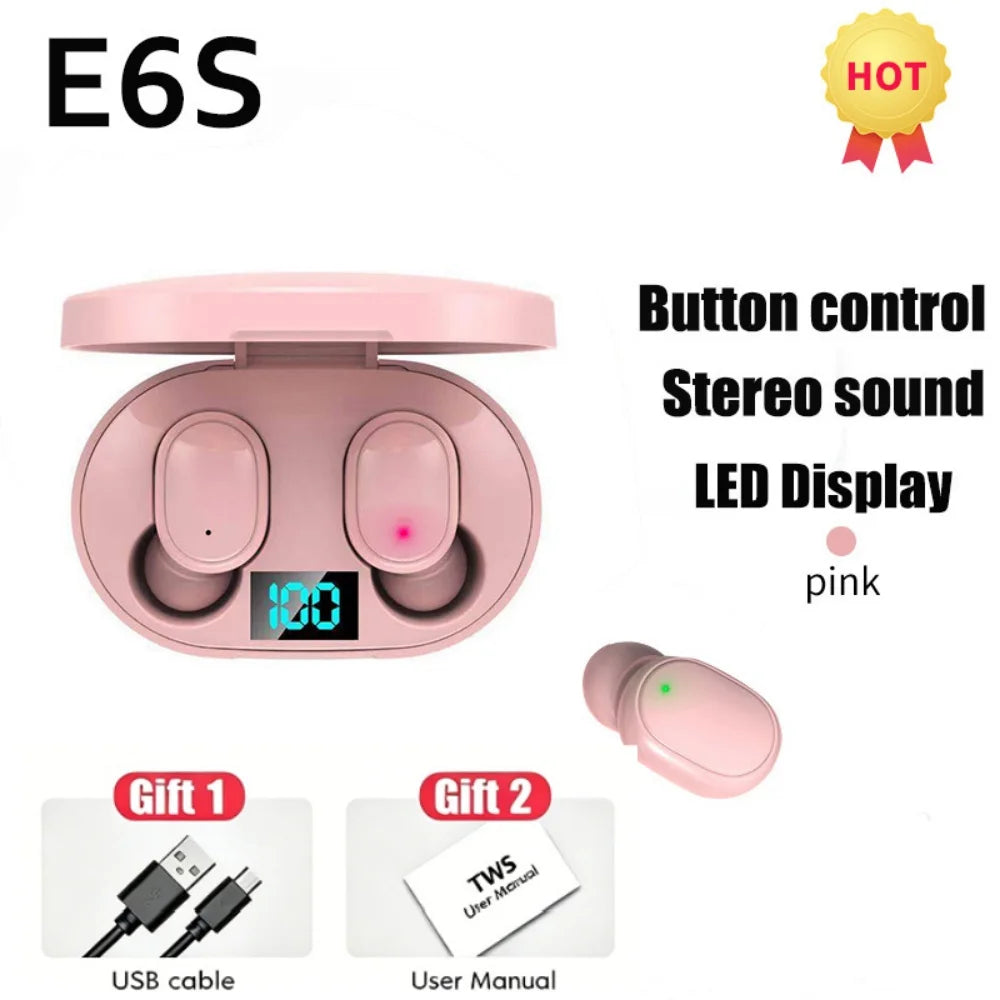 E6S TWS Bluetooth Earbuds with Digital Display Case — Wireless Earphones with Mic