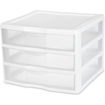 6-Pack Wide 3 Drawer Unit, Plastic Desktop Organizer With Clear Drawers, White Frame - Stackable Multi-Purpose Storage