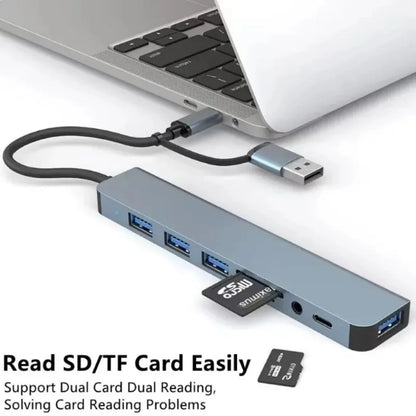 8-in-2 USB-C Hub — USB 3.0, SD/TF Card Reader & Audio Jack for MacBook & Laptop