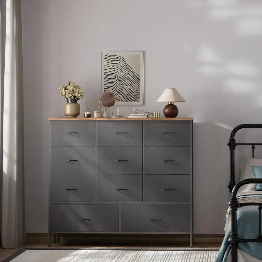 Wide Fabric Dresser for Bedroom, Chest of Drawers with 11 Deep Drawers, MultiDrawers TV Stand TV Console, Storage Organizer for