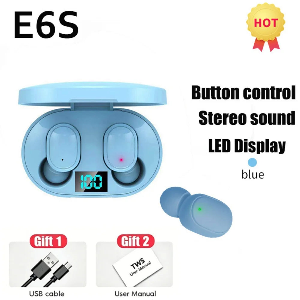 E6S TWS Bluetooth Earbuds with Digital Display Case — Wireless Earphones with Mic