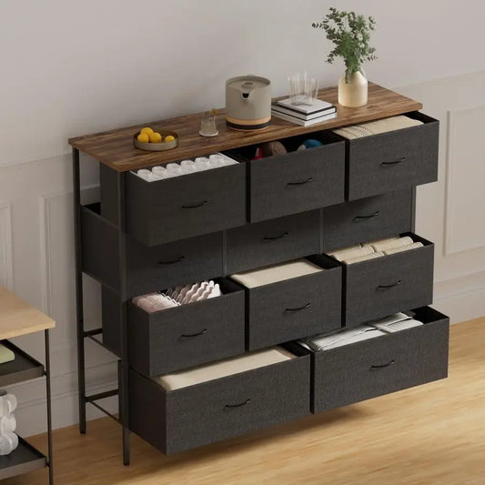 Wide Fabric Dresser for Bedroom, Chest of Drawers with 11 Deep Drawers, MultiDrawers TV Stand TV Console, Storage Organizer for