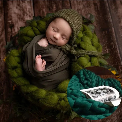 Newborn Photography Props Merino Wool Knitted Braid Blanket for Baby Photo Shoot Background Basket Stuffer Bump Wrap 50x50CM
