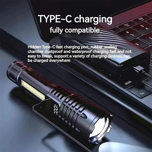 High Power LED Flashlight Powerful TYPE-C Rechargeable COB Flashlight With Side Light Torch For Outdoor Camping Hiking