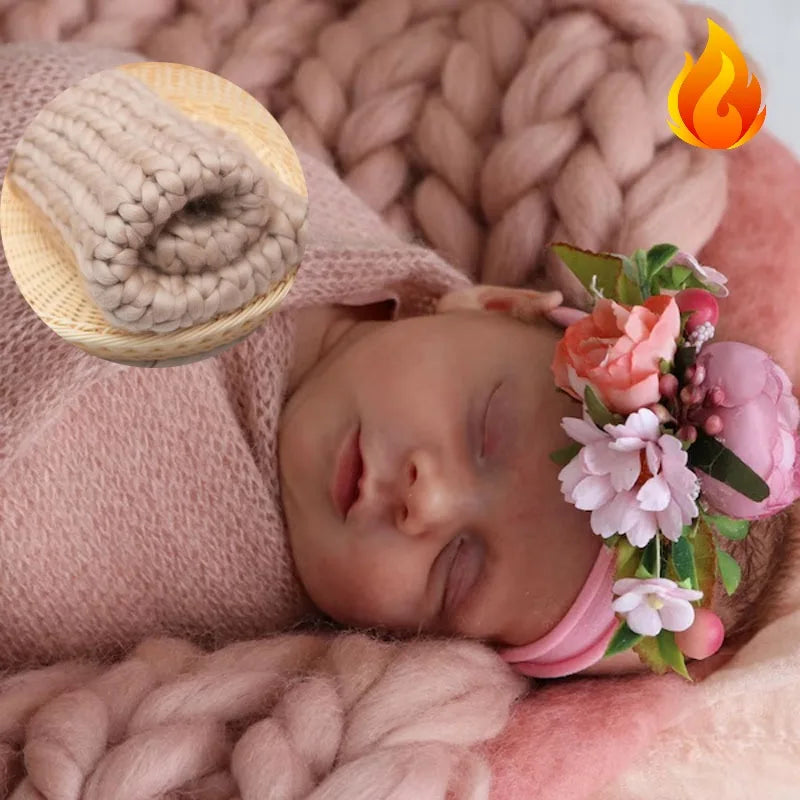 Newborn Photography Props Merino Wool Knitted Braid Blanket for Baby Photo Shoot Background Basket Stuffer Bump Wrap 50x50CM