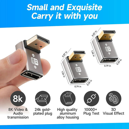 90 Degree DisplayPort1.4 Adapter Support 8K@60Hz 4K@144Hz HDR Video Alloy Shell DP Cable Extender for Desktop Computer Monitor