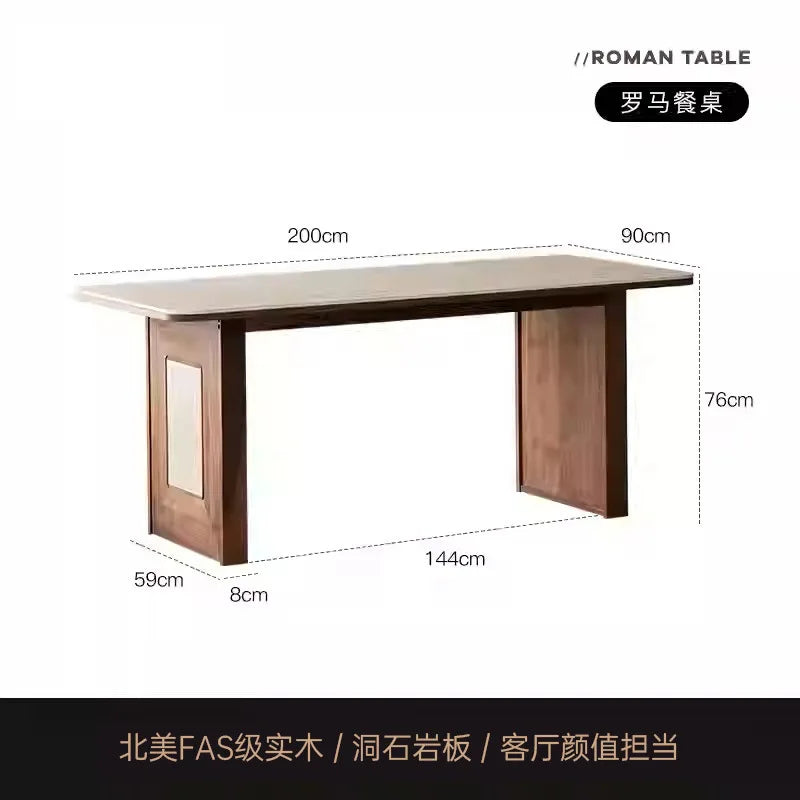 JRetro style Roman travertine rock slab dining table black walnut solid wood medium ancient style wood grain table