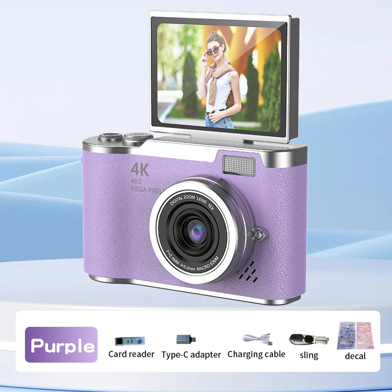 4K Digital Camera 48MP Compact Small Camera 8X Zoom Video Camcorder 180 Flip Screen Video Recorder for Teens Adult Beginner