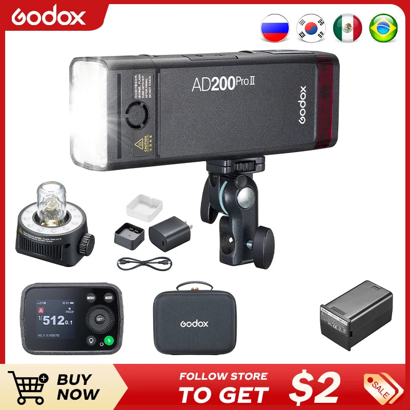 Godox AD200ProII  TTL 2.4G Wireless Camera Pocket light-duty Flash compatible with Nikon Canon Sony Fuji Olympus