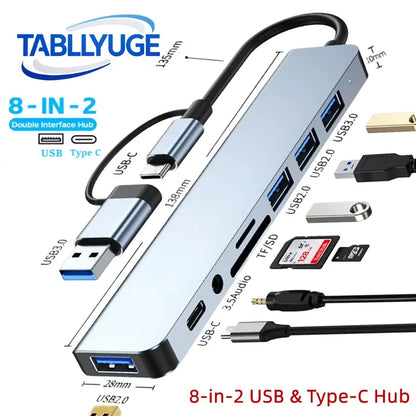 8-in-2 USB-C Hub — USB 3.0, SD/TF Card Reader & Audio Jack for MacBook & Laptop