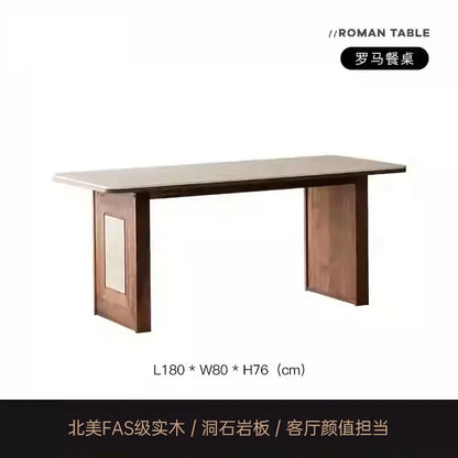 JRetro style Roman travertine rock slab dining table black walnut solid wood medium ancient style wood grain table