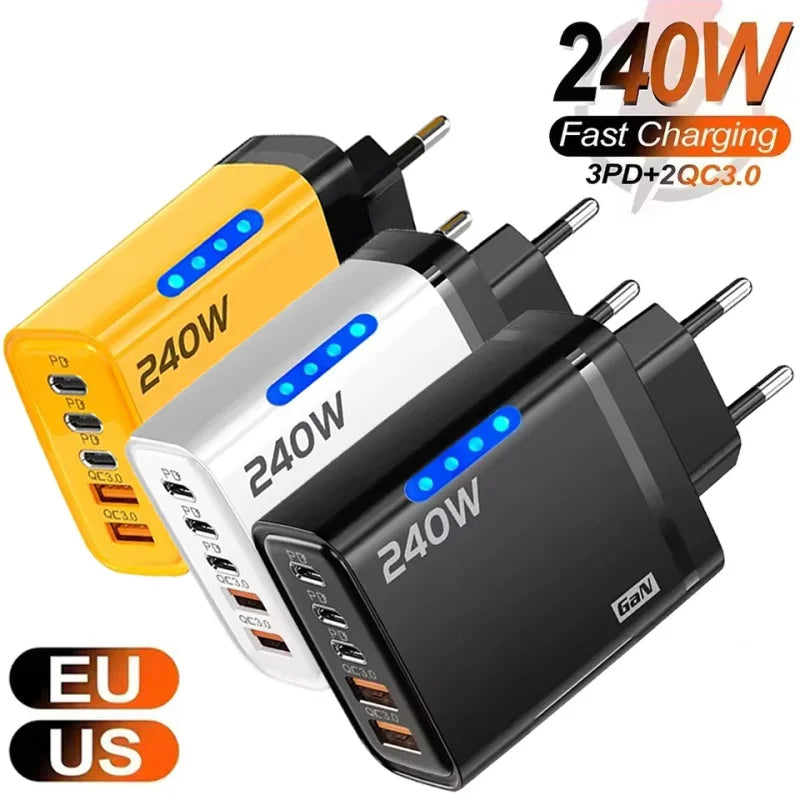 240W GaN 5-in-1 Fast Wall Charger — USB-C Power Adapter for iPhone, Samsung & Laptops