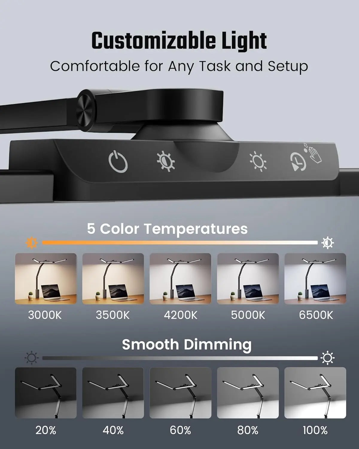 LED Desk Lamp with Power Strip, 6 Outlets & USB Ports, Adjustable Clamp Light with Dimming & Color Control