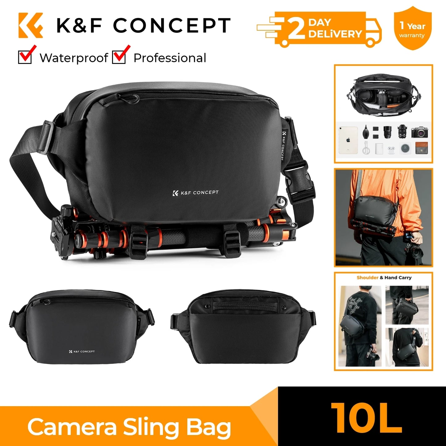 K&F CONCEPT 12L/10L Camera Sling Bag Waterproof Travel Photography Shoulder Bag For Canon Sony DSLR Camera Case Tripod Holder