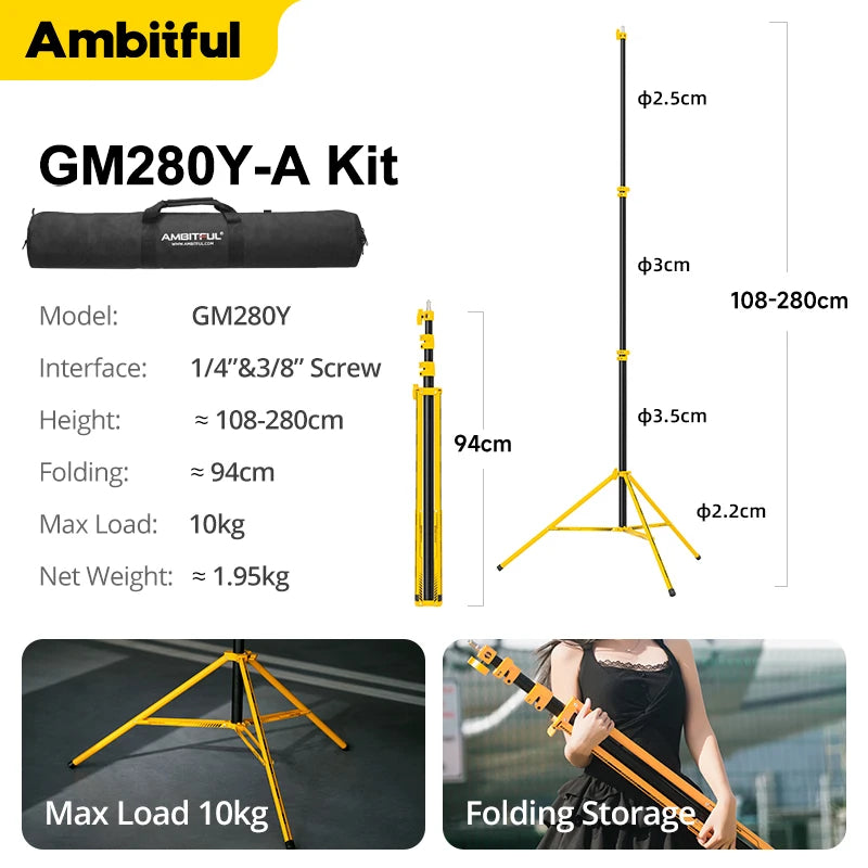 AMBITFUL GM280Y 280cm Professional Air Cushioned Light Stand 10Kg Heavy Load Studio Light Stand For Camera Softbox Tripods