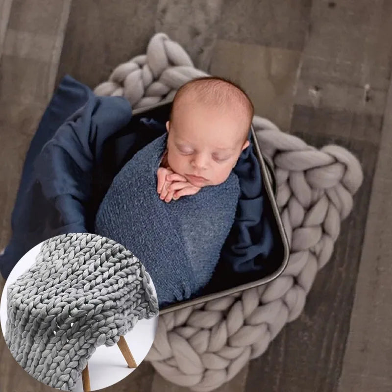 Newborn Photography Props Merino Wool Knitted Braid Blanket for Baby Photo Shoot Background Basket Stuffer Bump Wrap 50x50CM