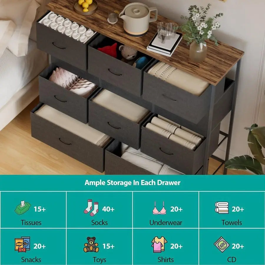 Wide Fabric Dresser for Bedroom, Chest of Drawers with 11 Deep Drawers, MultiDrawers TV Stand TV Console, Storage Organizer for