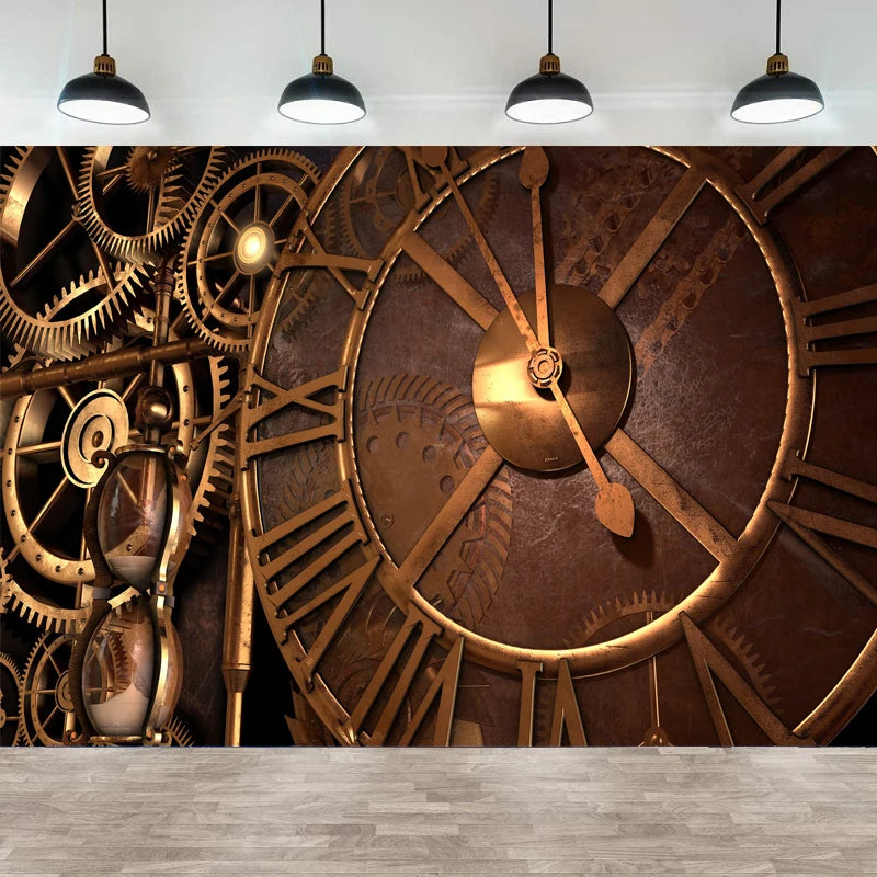 Photography Backdrop Antique Retro Old Metal Clock Key Gears Cogs Iron Chain Industrial Background Steam Machine Nostalgia Party