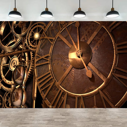 Photography Backdrop Antique Retro Old Metal Clock Key Gears Cogs Iron Chain Industrial Background Steam Machine Nostalgia Party