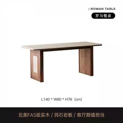 JRetro style Roman travertine rock slab dining table black walnut solid wood medium ancient style wood grain table