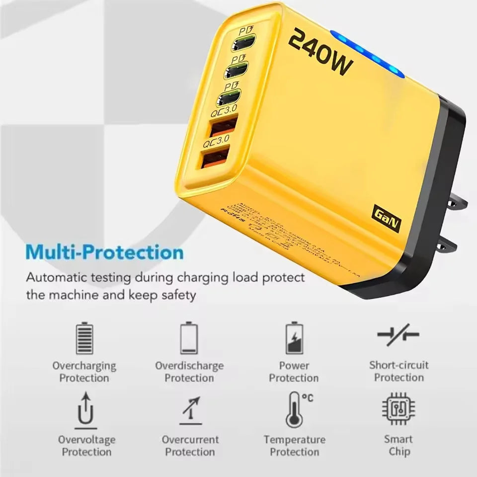 240W GaN 5-in-1 Fast Wall Charger — USB-C Power Adapter for iPhone, Samsung & Laptops