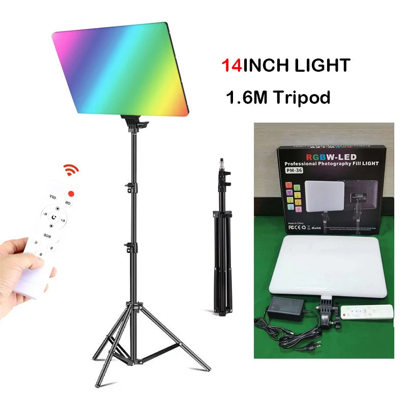 RGB 14'' LED Video Light Remote Control Photography Selfie Dimmable Panel Lighting Photo Studio Live Stream Fill Lamp Tripod
