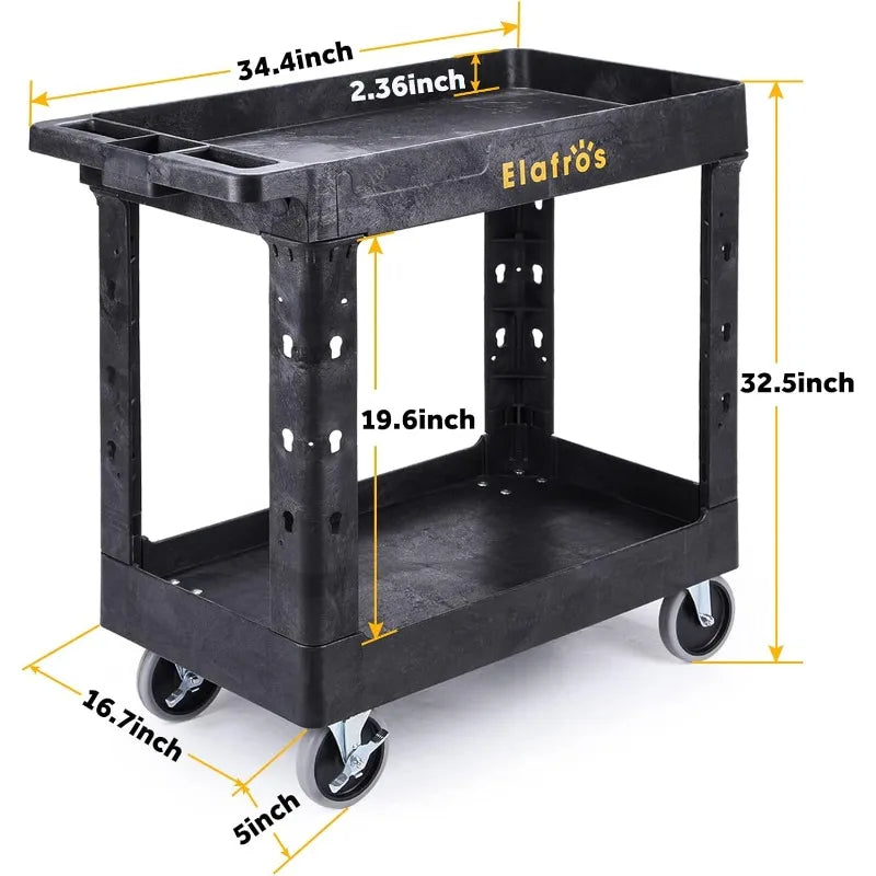 Heavy Duty Plastic Utility Cart 34 X 17 Inch - Work Cart Tub Storage W/Deep Shelves And Full Swivel Wheels Safely Holds