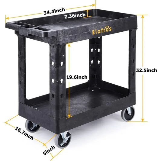 Heavy Duty Plastic Utility Cart 34 X 17 Inch - Work Cart Tub Storage W/Deep Shelves And Full Swivel Wheels Safely Holds