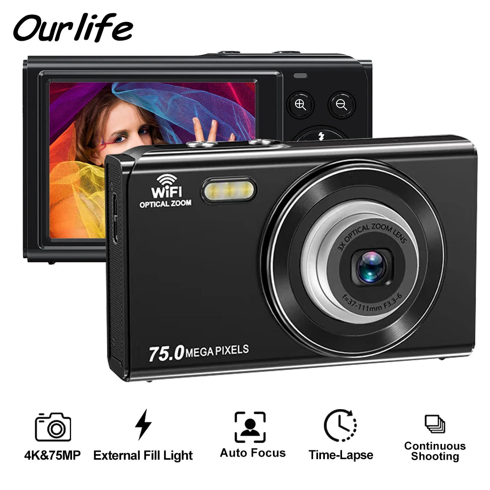 Ourlife 4K Digital Camera 3X Optical Zoom and 2X Digital Zoom HD Vlog Video Recorder YouTube 2.8 Inch LCD Screen WiFi Web Cam