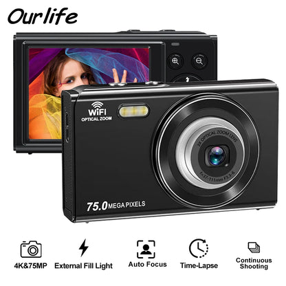 Ourlife 4K Digital Camera 3X Optical Zoom and 2X Digital Zoom HD Vlog Video Recorder YouTube 2.8 Inch LCD Screen WiFi Web Cam