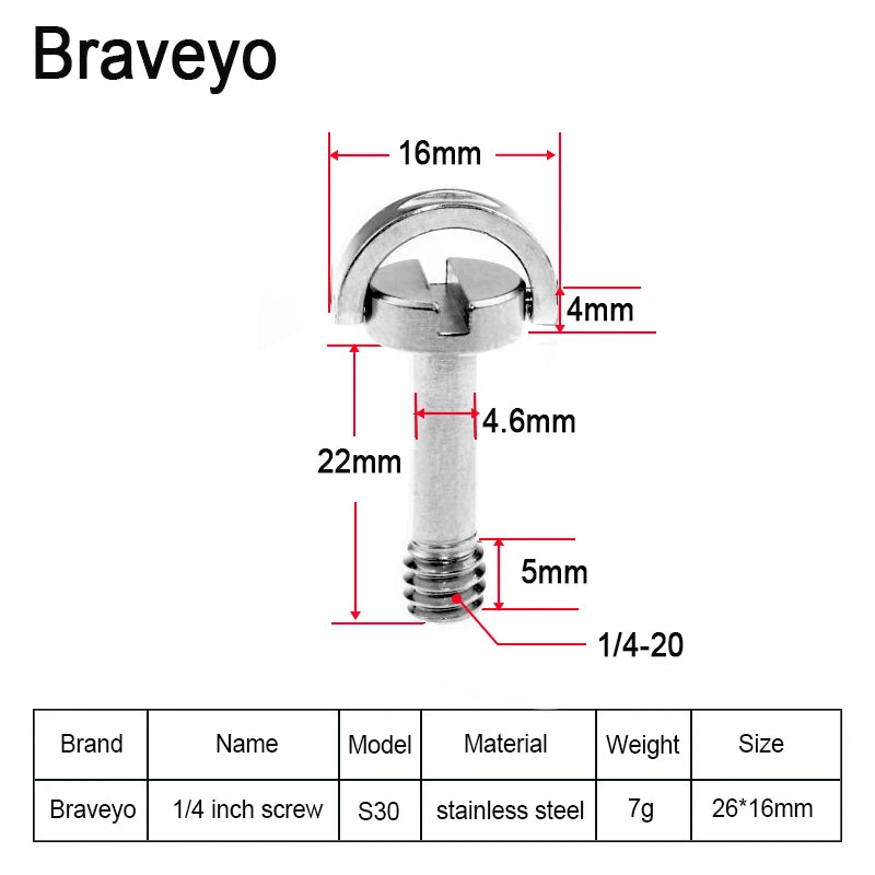 1/4-20 D-ring Mounting Camera Screws Stainless Steel Extended DSLR Tripod Quick Release Plate Screw Photography Accessories