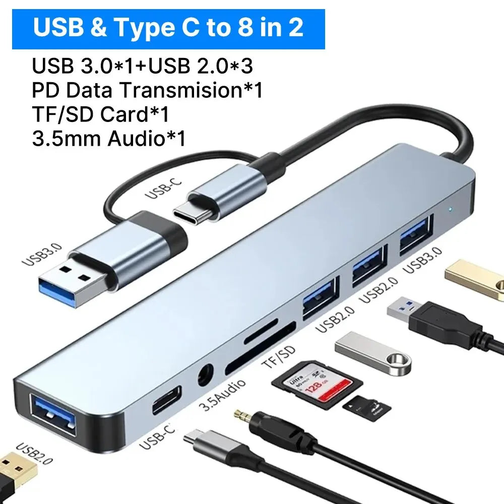 8-in-2 USB-C Hub — USB 3.0, SD/TF Card Reader & Audio Jack for MacBook & Laptop