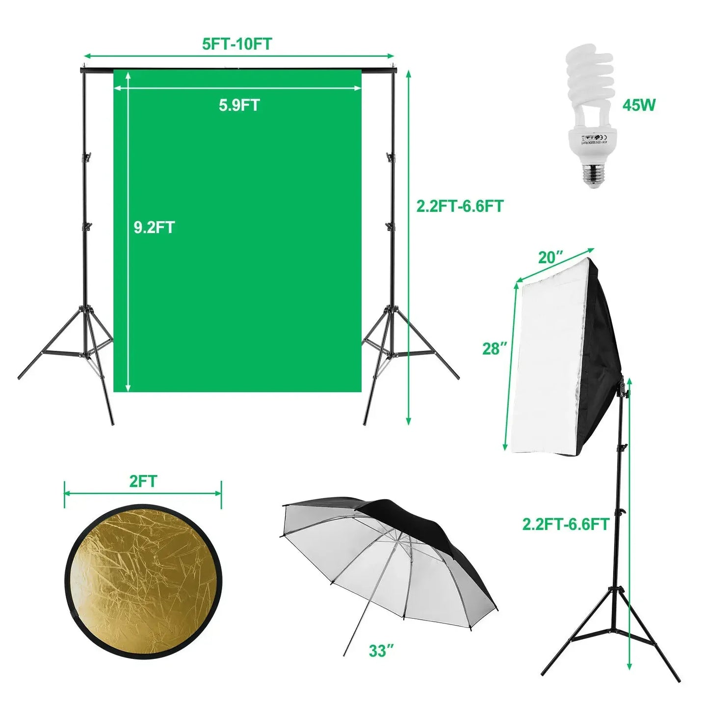 Photography Photo Studio Accessories Softbox Lighting Kit Green Screen Collapsible Background Frame Backdrops Tripod Stand