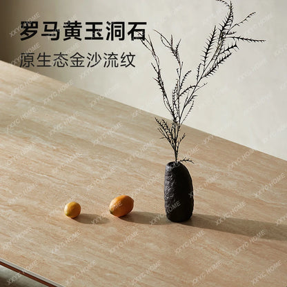 JRetro style Roman travertine rock slab dining table black walnut solid wood medium ancient style wood grain table