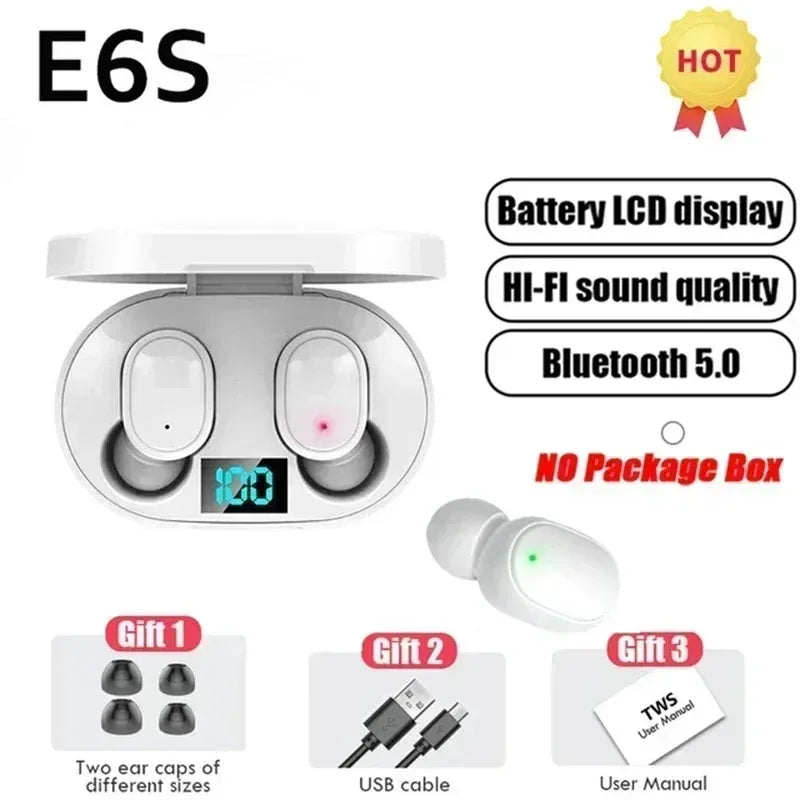 E6S TWS Bluetooth Earbuds with Digital Display Case — Wireless Earphones with Mic