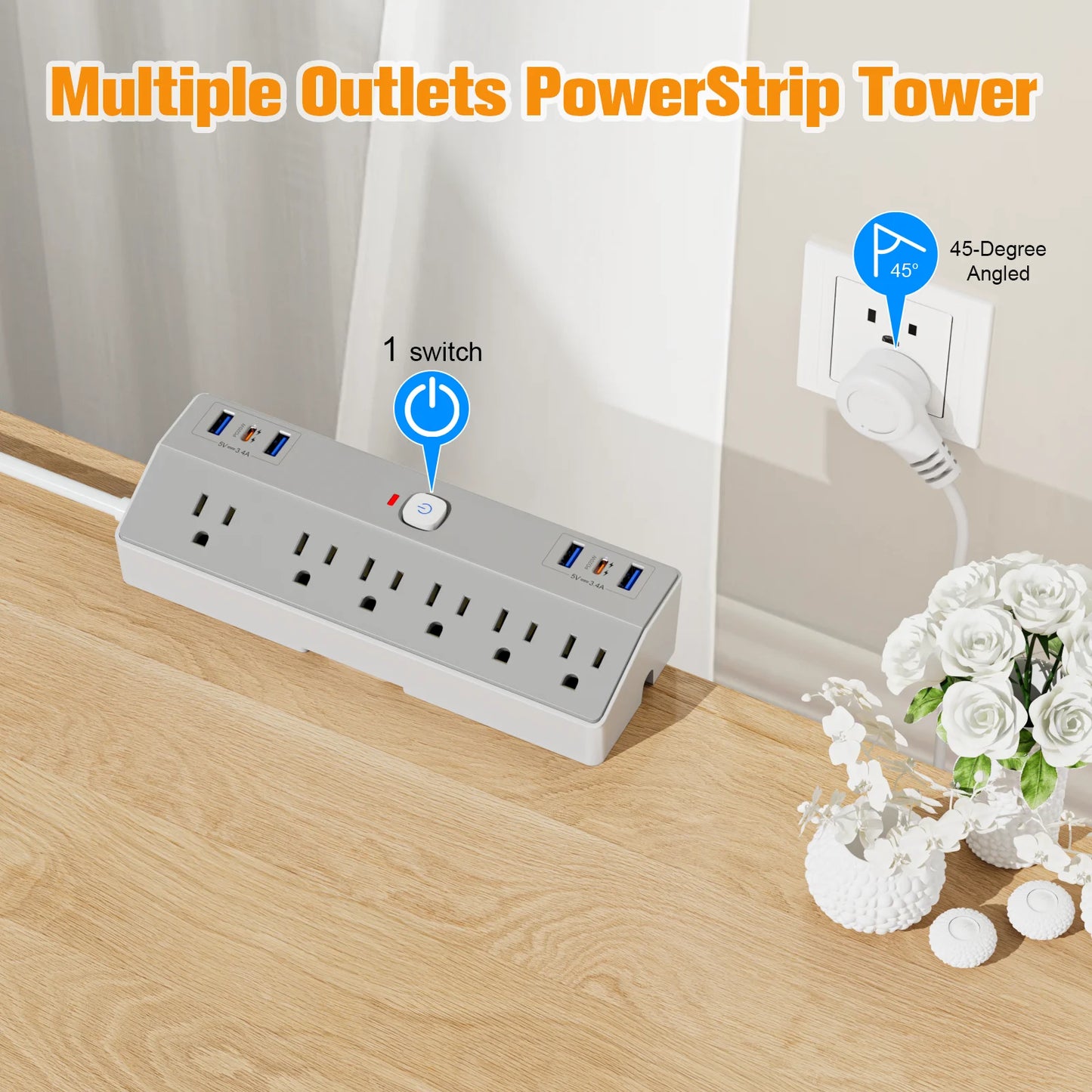 The U.S. clamp model with PD20W fast charging power strip and 3m extension cable is suitable for office, home, school and other