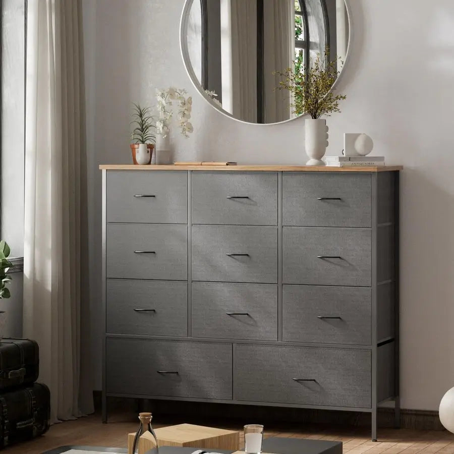 Wide Fabric Dresser for Bedroom, Chest of Drawers with 11 Deep Drawers, MultiDrawers TV Stand TV Console, Storage Organizer for