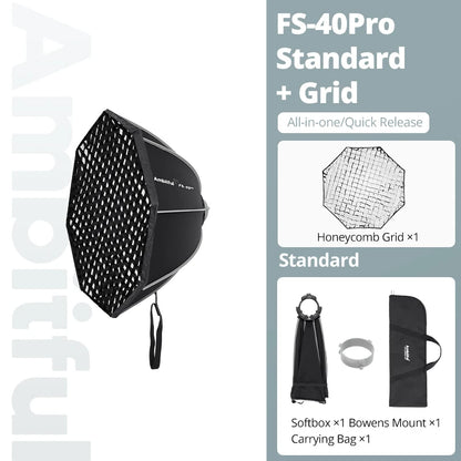 AMBITFUL FS40Pro FS60Pro Quick-Install Bowens Mount Softbox Studio LED COB Light Octagonal Light Box Matt Box