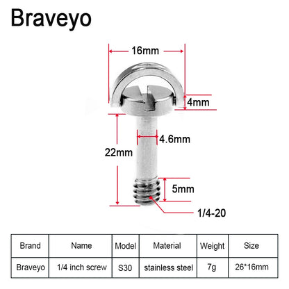 1/4-20 D-ring Mounting Camera Screws Stainless Steel Extended DSLR Tripod Quick Release Plate Screw Photography Accessories