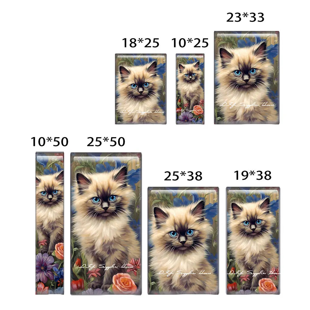 10pcs/lots Rectangle Cute Cat Kitten Pet Flower Photo Glass Cabochon Flatback Demo Flat Back Cameo For Diy Jewelry Making