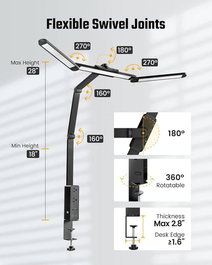 LED Desk Lamp with Power Strip, 6 Outlets & USB Ports, Adjustable Clamp Light with Dimming & Color Control