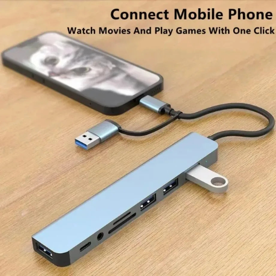 8-in-2 USB-C Hub — USB 3.0, SD/TF Card Reader & Audio Jack for MacBook & Laptop