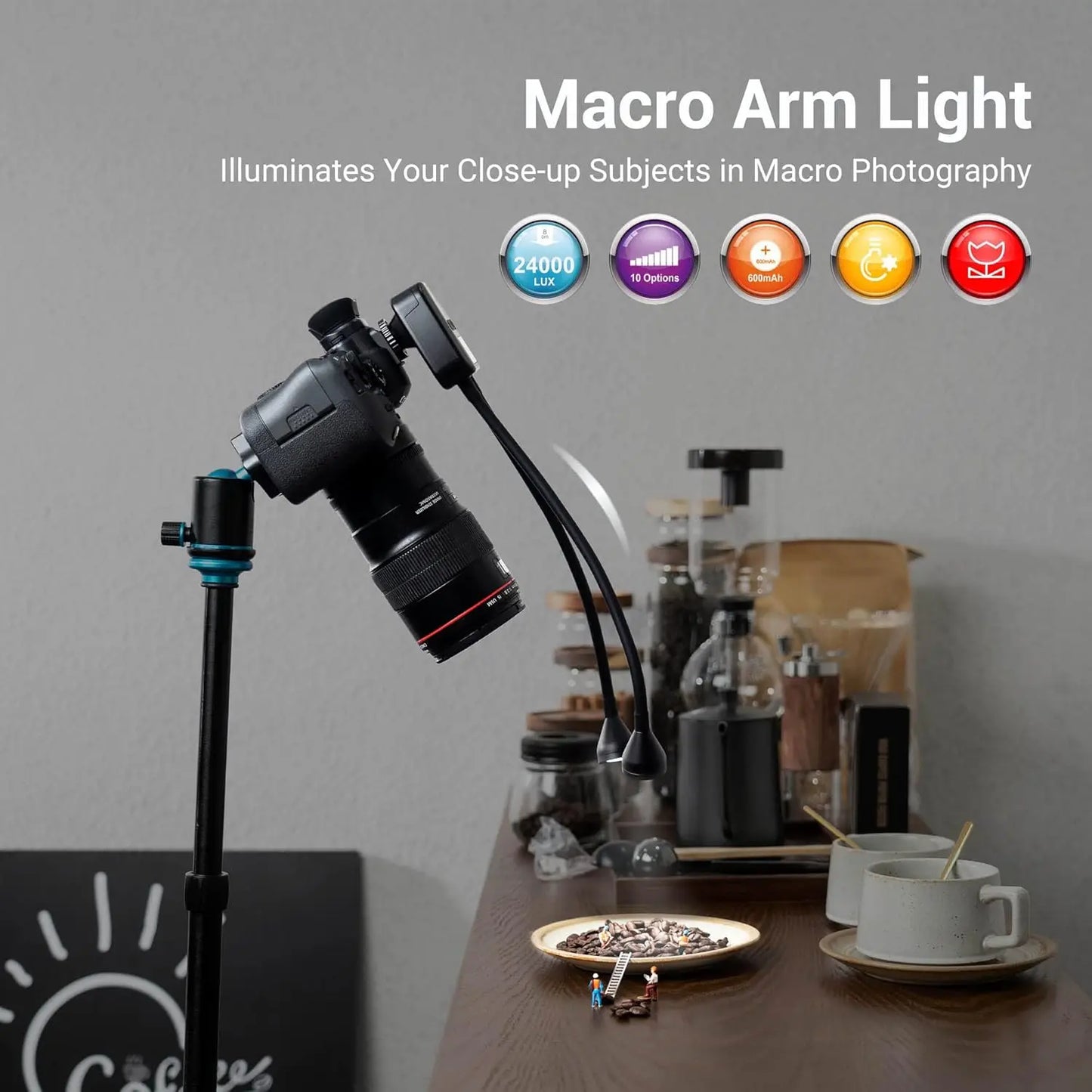 Adjustable LED Macro Arm Light with 10 Brightness Levels, CRI 95+, Type-C Charging for Camera Close-up Photography