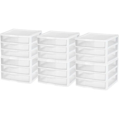 6-Pack Wide 3 Drawer Unit, Plastic Desktop Organizer With Clear Drawers, White Frame - Stackable Multi-Purpose Storage
