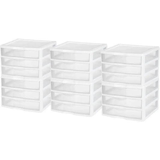 6-Pack Wide 3 Drawer Unit, Plastic Desktop Organizer With Clear Drawers, White Frame - Stackable Multi-Purpose Storage