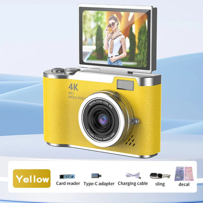 4K Digital Camera 48MP Compact Small Camera 8X Zoom Video Camcorder 180 Flip Screen Video Recorder for Teens Adult Beginner
