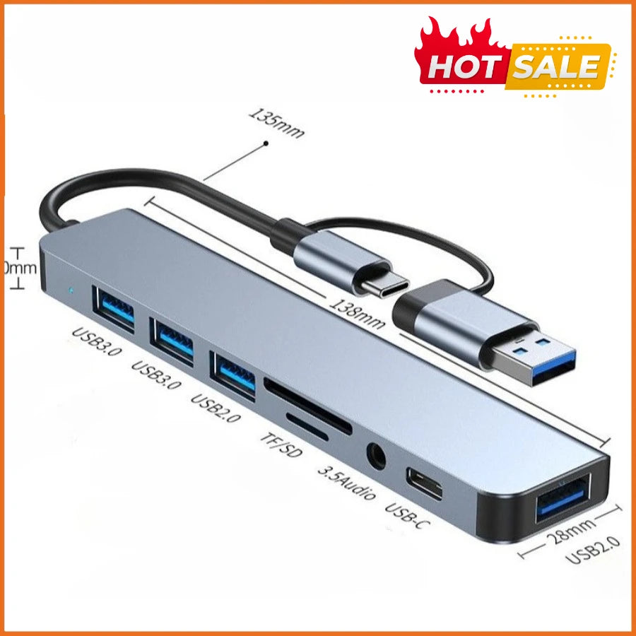 7/8-in-1 USB-C Hub — Multiport Adapter with SD/TF Card Reader for MacBook & Tablet