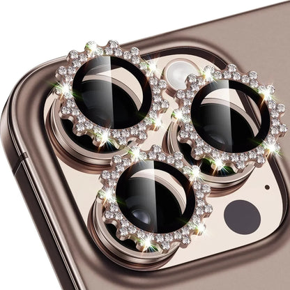 Bling 3D Metal Gear Design Diamond Camera Lens Glass Protector For IPhone 16 Pro Max 15Pro 16Plus Mechanical Case Friendly Rings